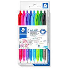 Box of 8 retractable ballpoint pens in assorted colours
