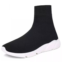 (Black+White, UK 10=EUR 45) Unisex Girls Boys Knit Sock Trainers Sneakers High Tops Gym Running Shoes 34-47