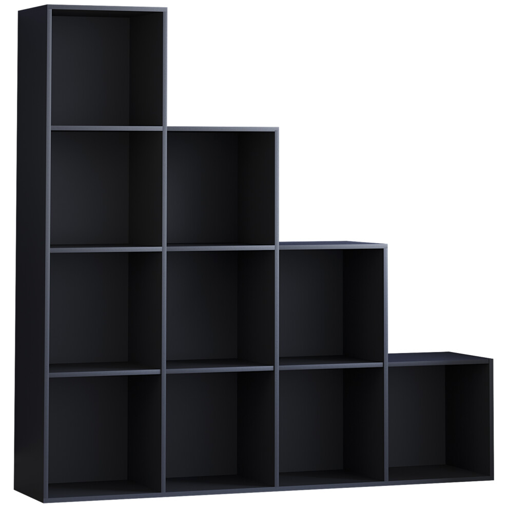 (Black) Durham 10 Cube Shelf Stairs Bookcase Storage Unit