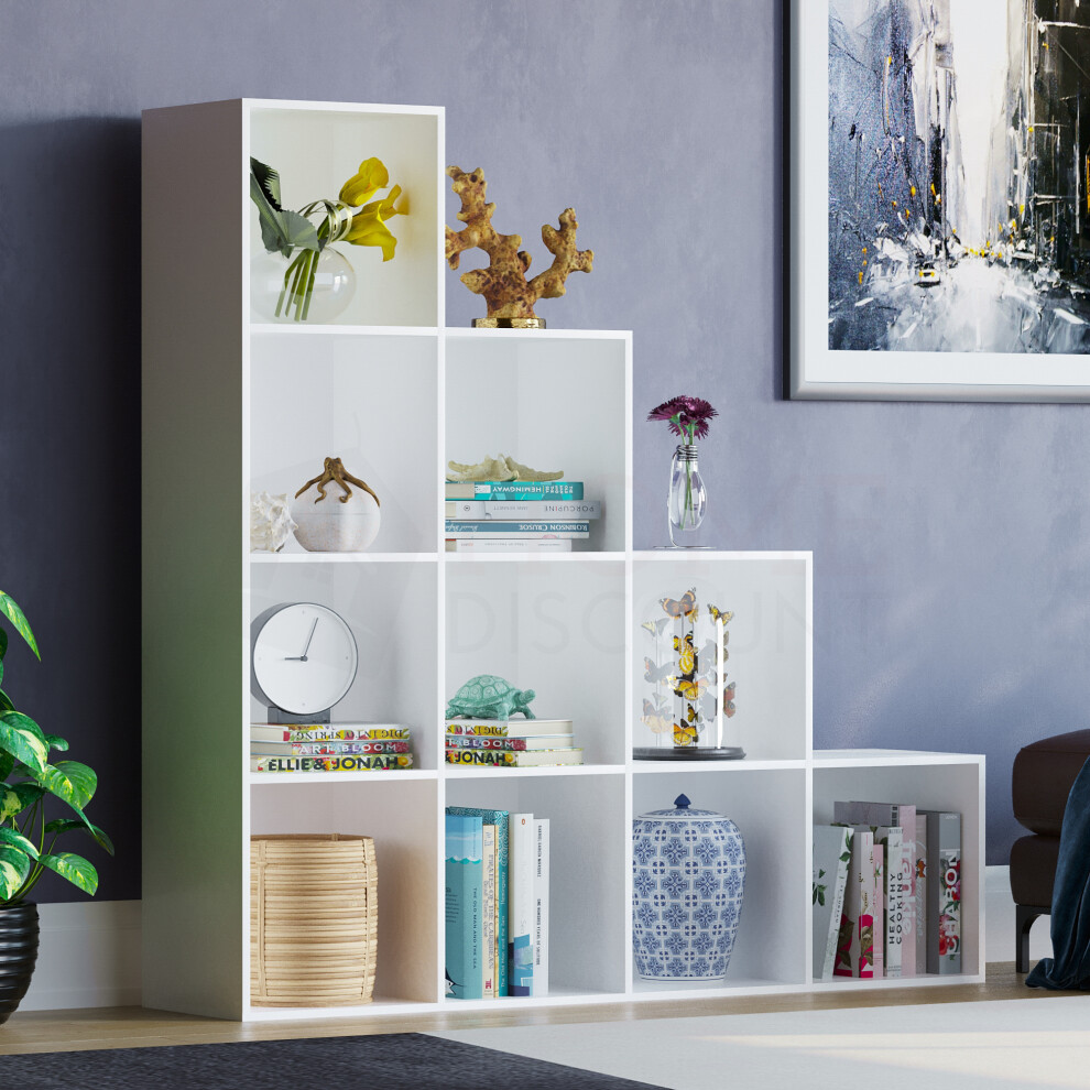 (White) Durham 10 Cube Shelf Stairs Bookcase Storage Unit