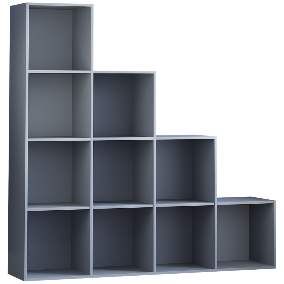 (Grey) Durham 10 Cube Shelf Stairs Bookcase Storage Unit