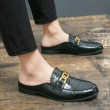 (UK 6, Black) Slip On Men's Flats Crocodile Pattern Half Slippers Loafers Mules Casual Shoes