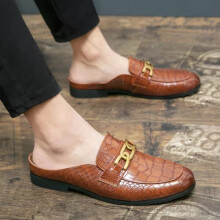 (UK 7, Brown) Slip On Men's Flats Crocodile Pattern Half Slippers Loafers Mules Casual Shoes
