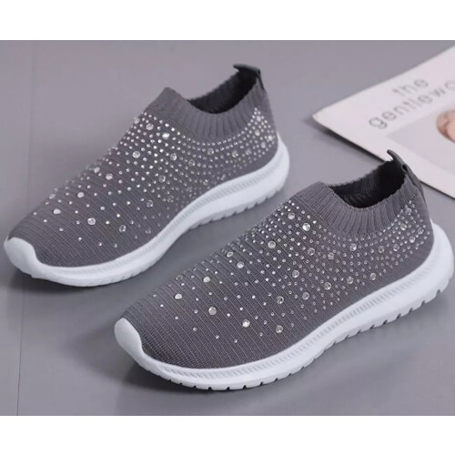 (Gray, EUR35=US4.5=UK2.5) Women's Ladies Sparkly Glitter Sneakers Casual Slip On Trainers Sock Shoes Size