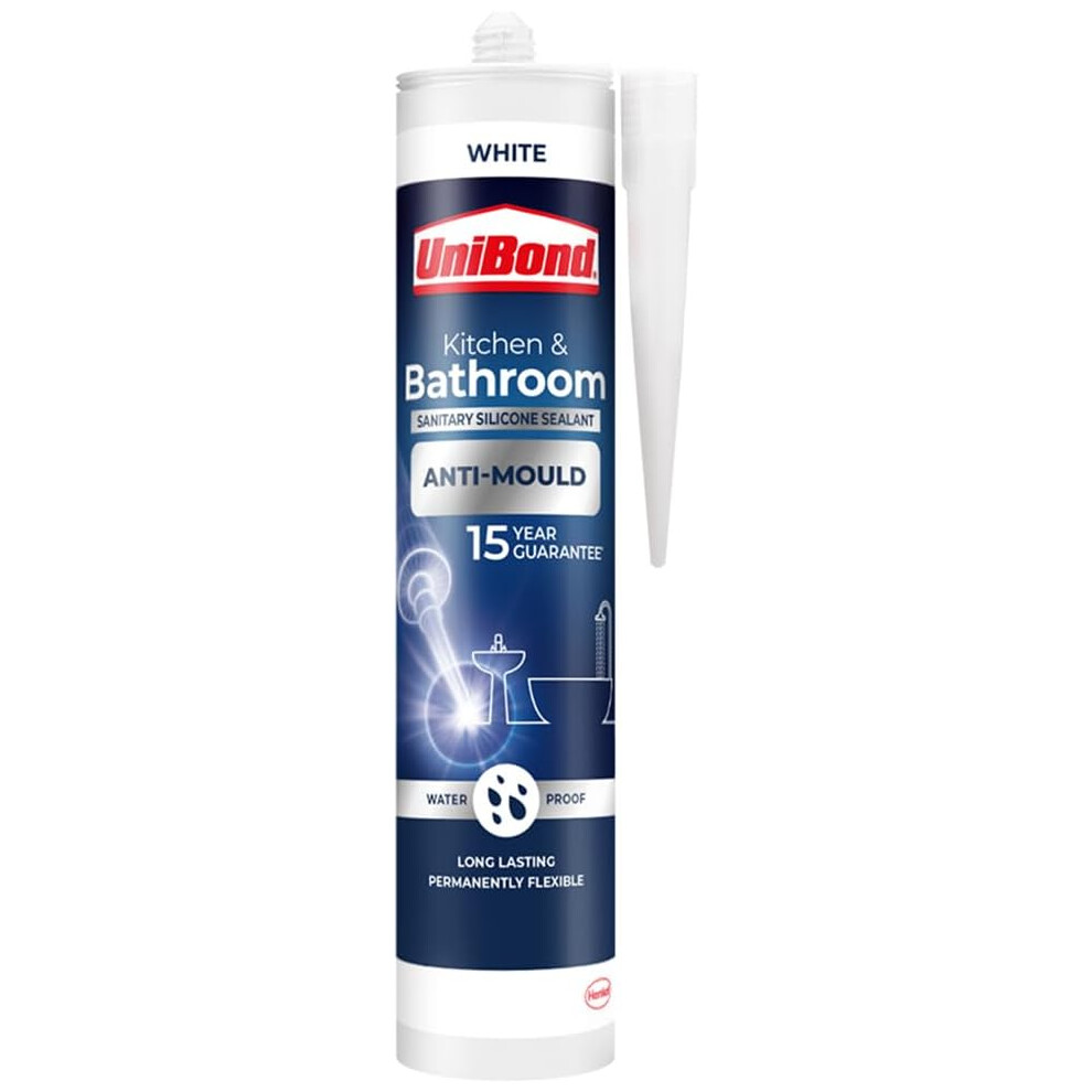 UniBond Anti-Mould White, Waterproof Mould Protection Kitchen & Bathroom Sealant Longlasting White Silicone Sealant Powerful Shower Sealant Cartridge