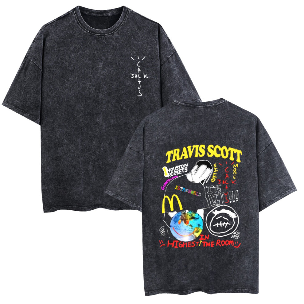 Kiikn (L) Travis Scott Vintage T-Shirt Cactus Jack Print Unisex Hip Hop Tee Black