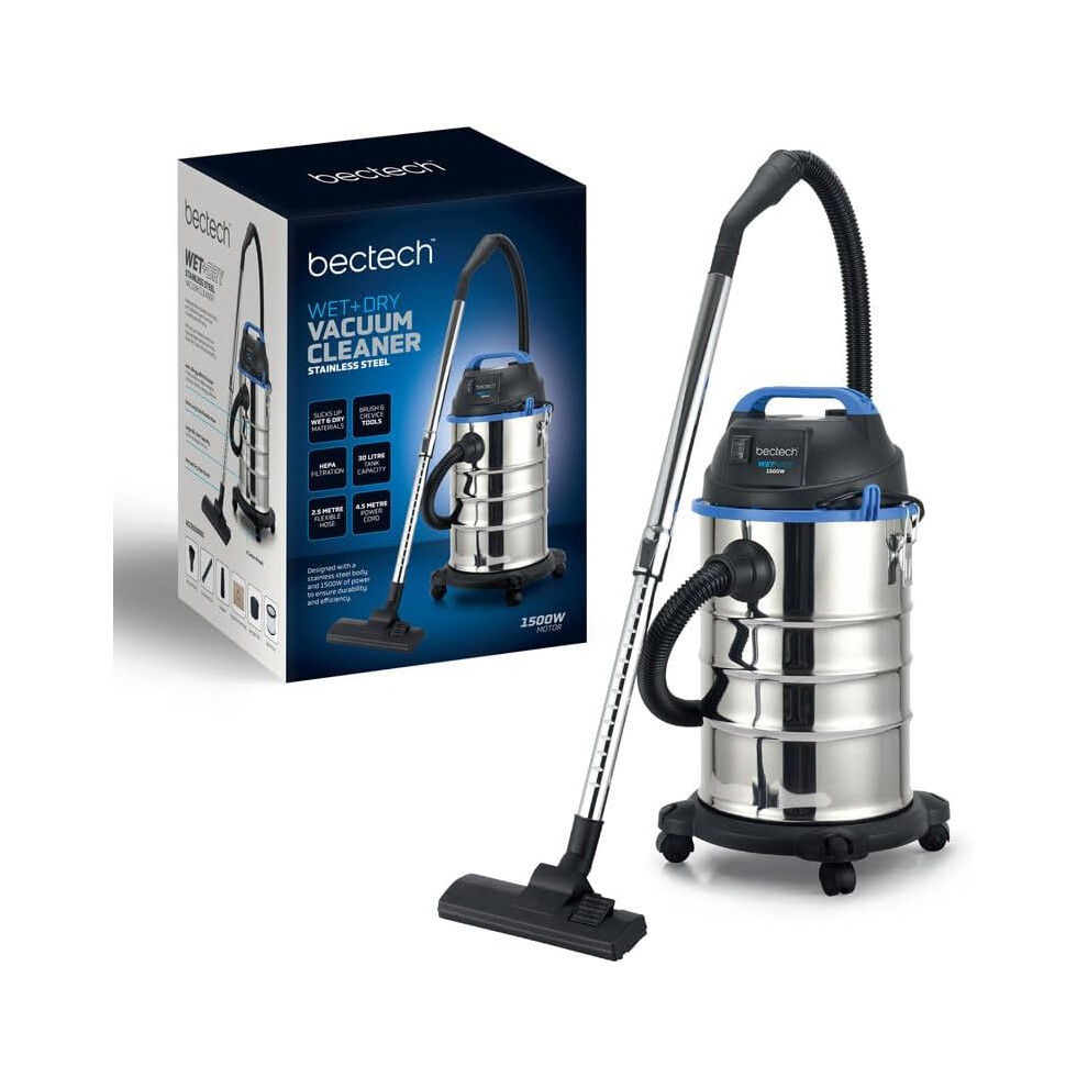 1500W Wet and Dry Vacuum Carpet Cleaner 30 Litre Stainless Steel 4 Castor Wheels