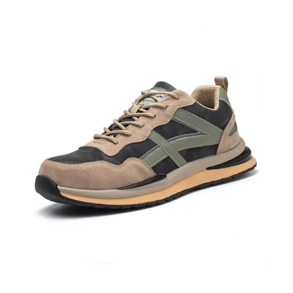 (Khaki#2, UK 12) Mens Womens Safety Shoes Lightweight Work Trainers Steel Toe Cap Hiking Boots