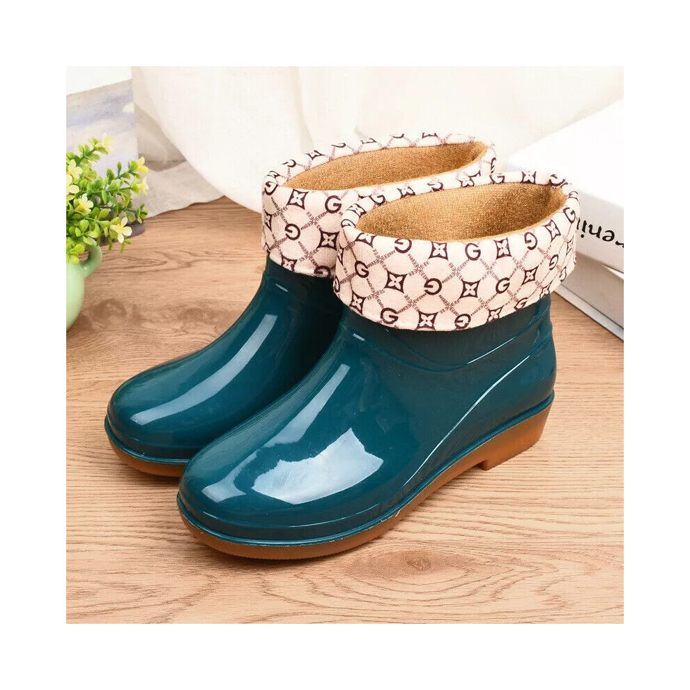 (Green(With Fur), 6/ EU 39) WOMENS WELLINGTON BOOTS ANKLE WELLIES WATERPROOF WINTER WARM RAIN SHOES SIZE