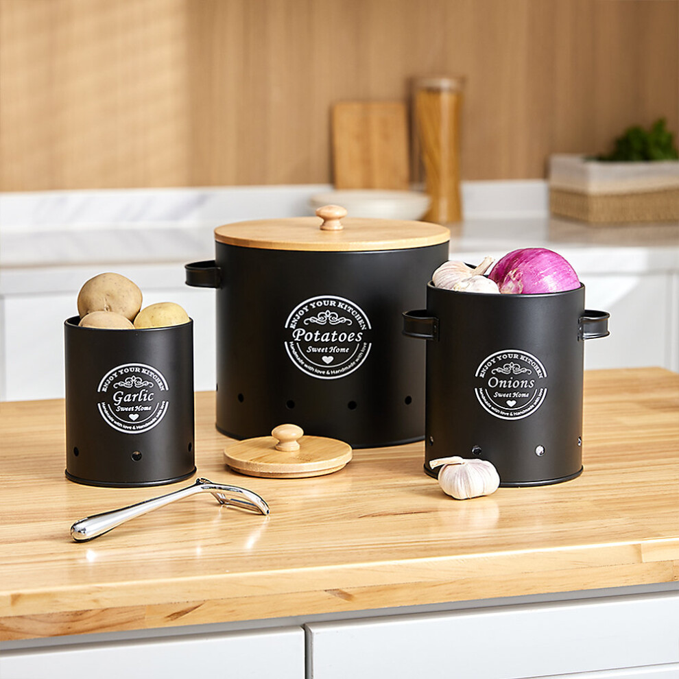 (Black) Kitchen Potato Onion Garlic Storage Bin Set with Peeler