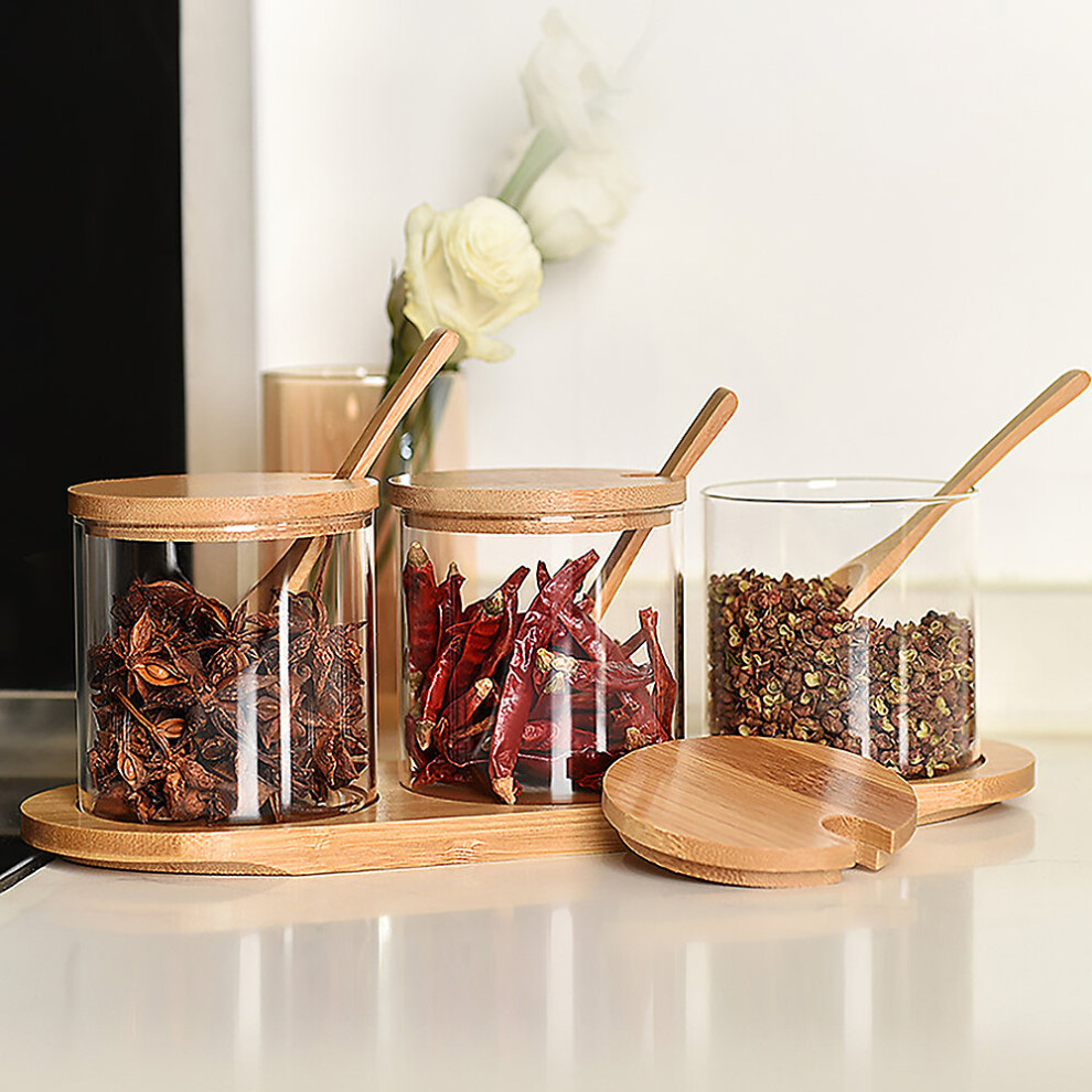 3Pcs Glass Spice Jars Seasoning Box Set with Bamboo Spoons