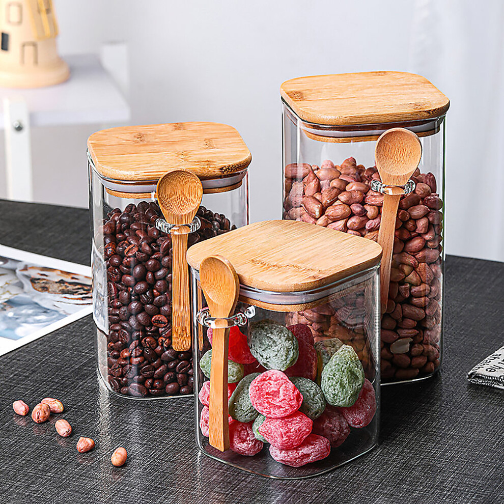 3Pcs Glass Storage Jars with Bamboo Spoons