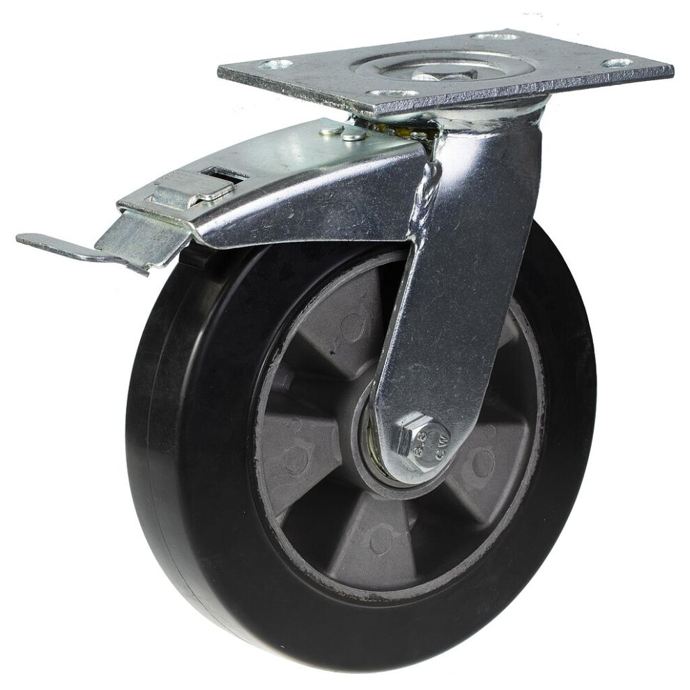 200Mm Swivel/Brake Castor With Black Elastic Rubber On Aluminium Centre Wheel 5056116828002