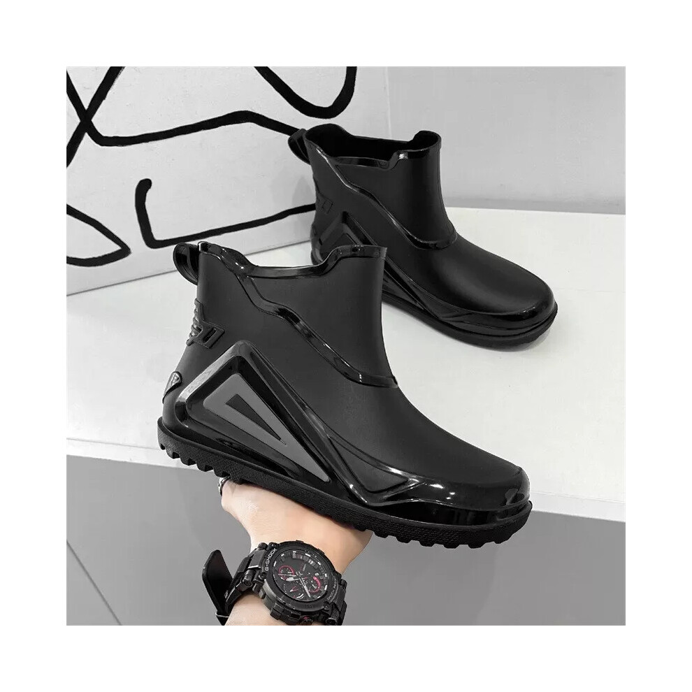 (Black, UK 7.5-8) Mens Waterproof Wellington Rain Boots Ankle Wellies Non Slip Outdoor Shoes