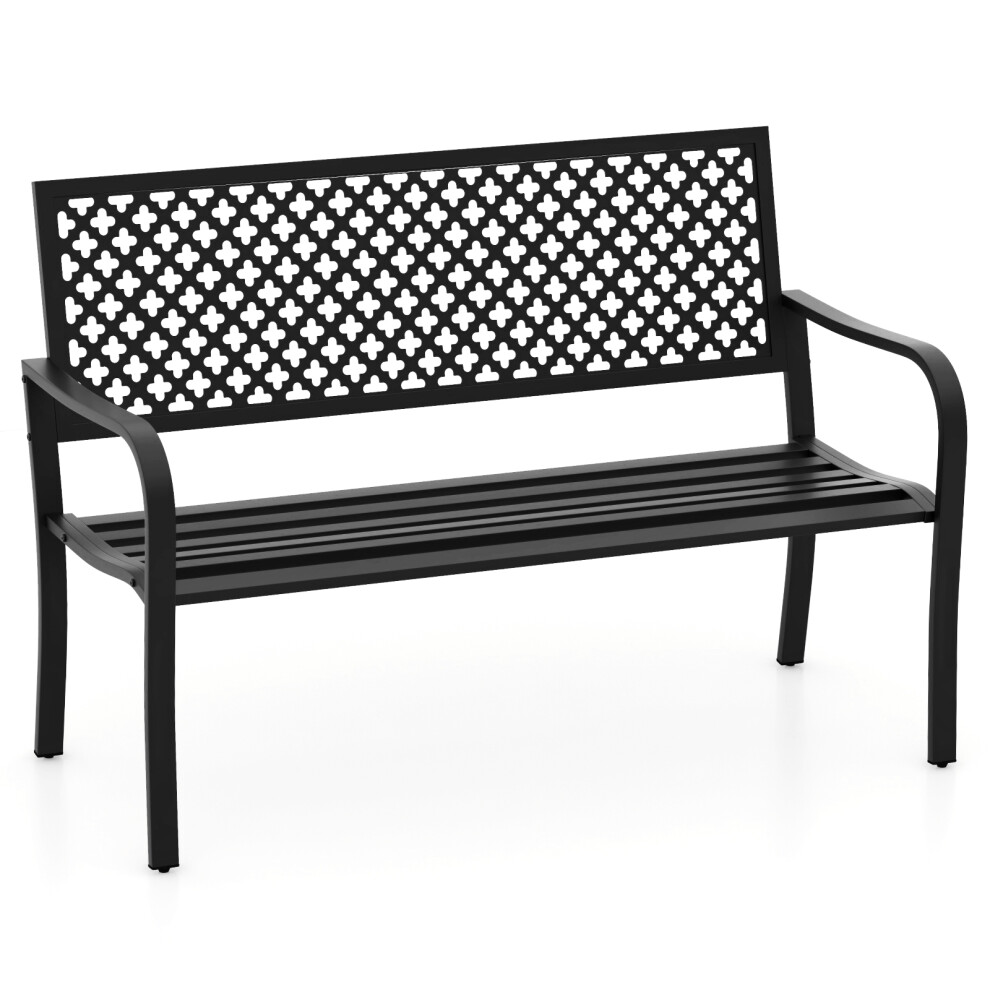 Outdoor Garden Bench 2-Person Heavy Duty Metal Bench w/ Slatted Seat