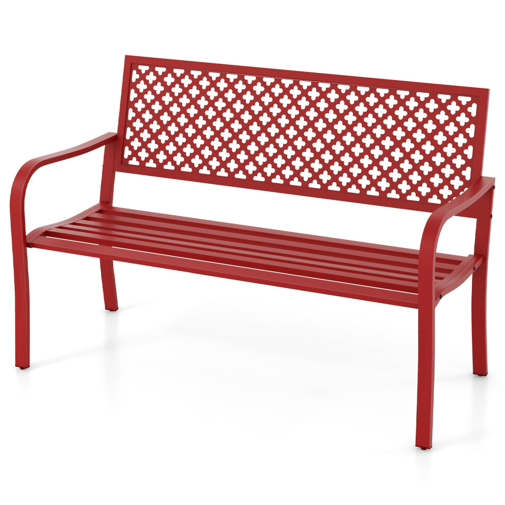 Outdoor Garden Bench 2-Person Heavy Duty Metal Bench w/ Slatted Seat