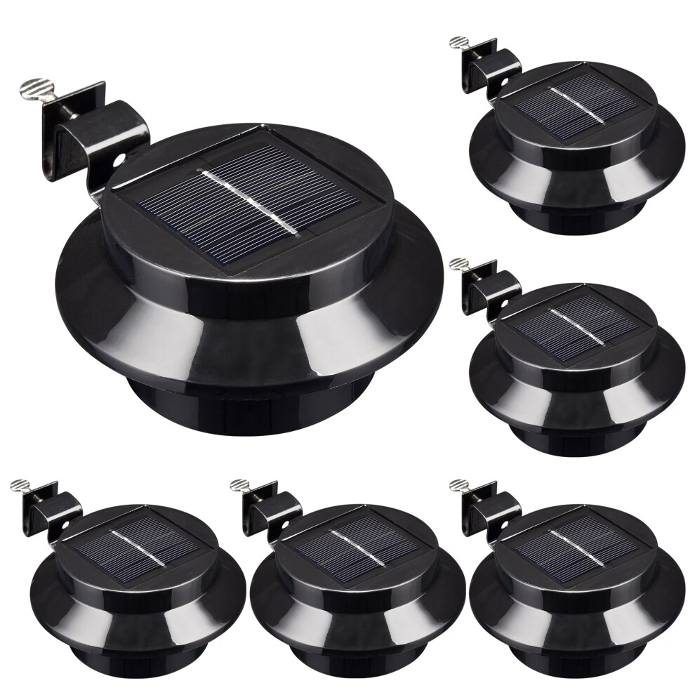 (Black - Warm Light) 6 Pcs Solar Gutter Light Outdoor Waterproof 3 LED Deck Fence Lights with Bracket