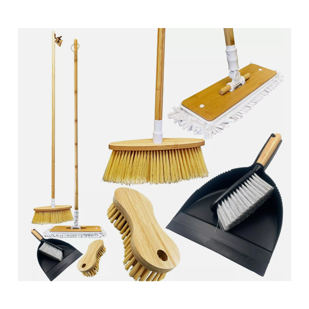 Flat Mop Broom Dustpan Brush Carpet Cleaning Set Bamboo Pet Hair Sweep