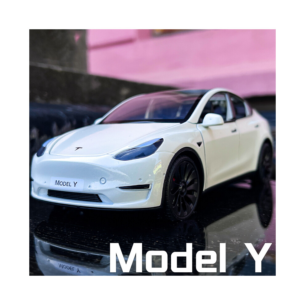 (Model Y White) 1:24 Teslas Model Y Model 3 With Charging Pile Alloy Car Diecast Metal