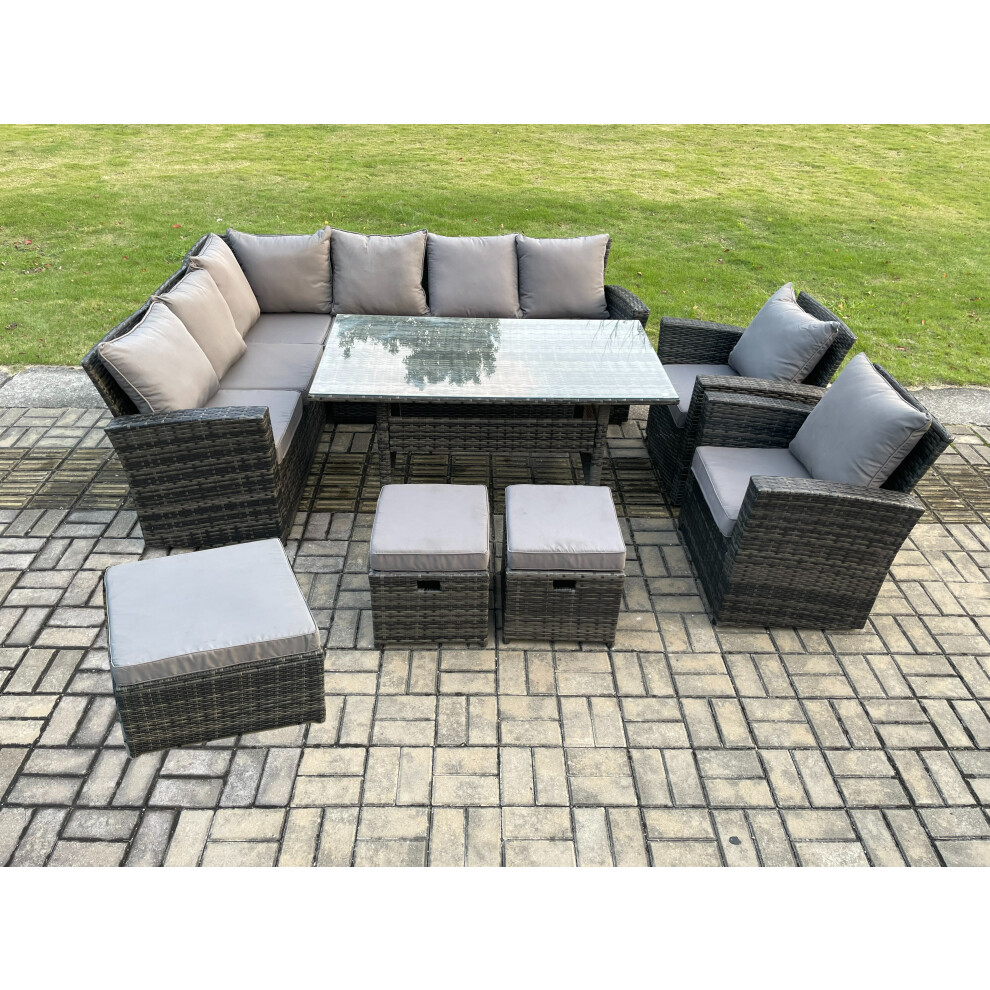 Fimous Outdoor Furniture Garden Dining Set Rattan Corner Sofa Set With 3 Footstools 2 Armchairs Grey