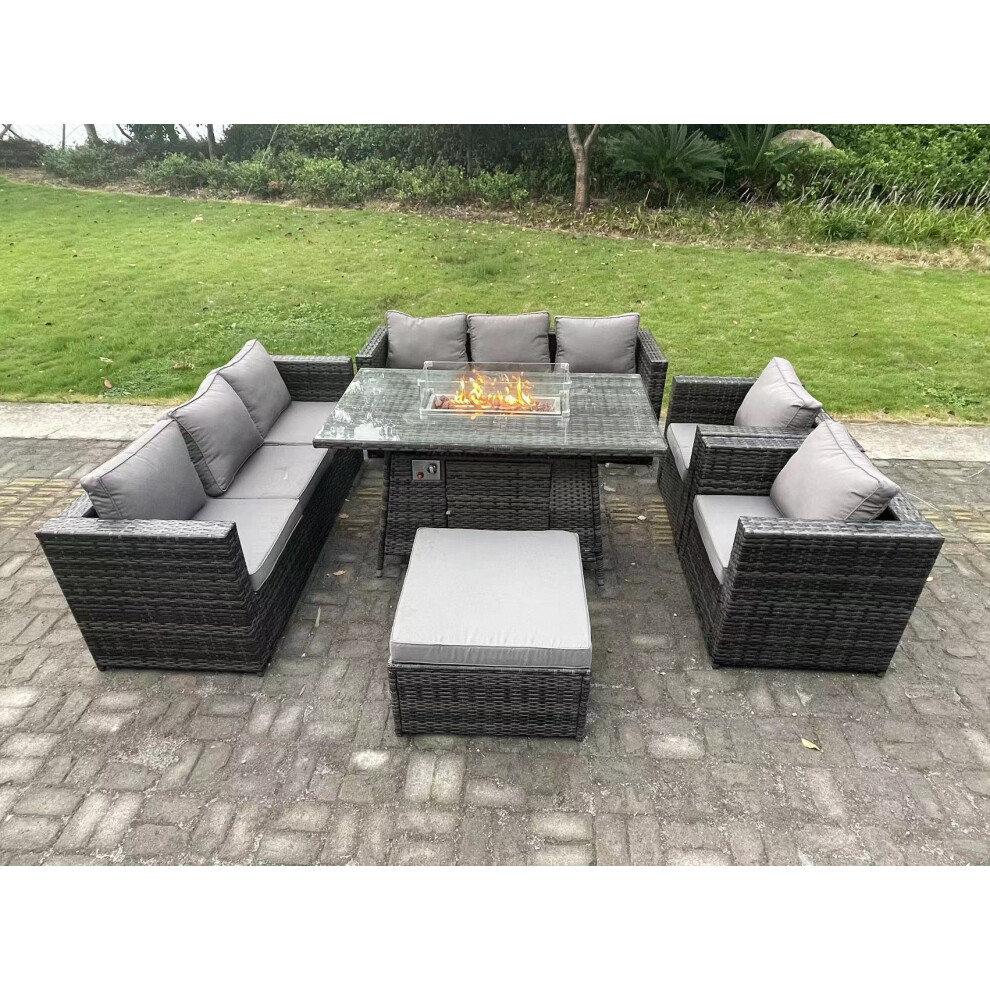 Fimous Rattan Garden Furniture Set Gas Fire Pit Lounge Sofa Chair Dining Set with Arm Chair Stools