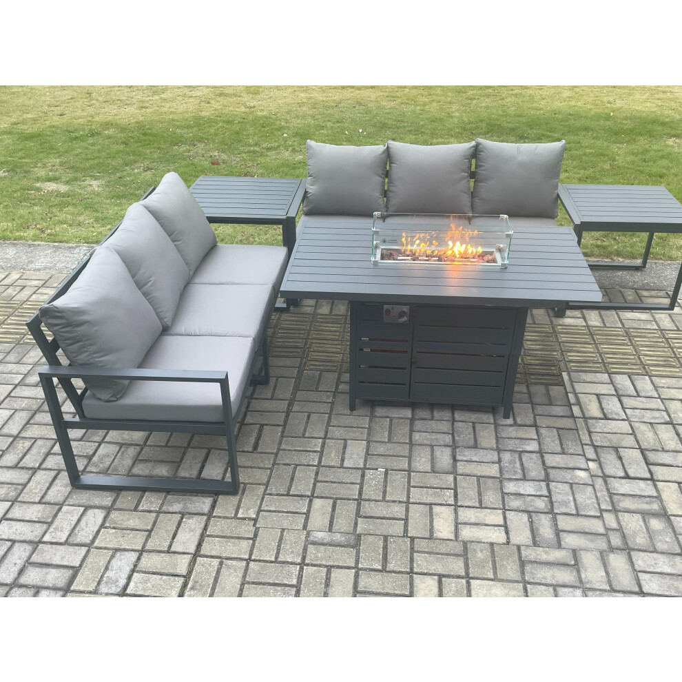 Aluminium 6 Seater Outdoor Garden Furniture Lounge Sofa Set Gas Fire Pit Dining Table with 2 Side Tables