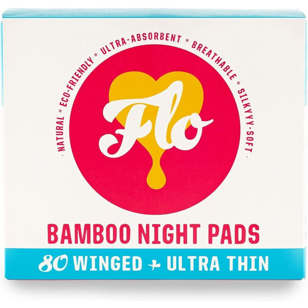 FLO Organic Bamboo Sanitary Pads with Wings Silky Soft Ultra-Absorbent Biodegradable and UltraThin Sanitary Towels  Mega Pack Night Pads  80 Count