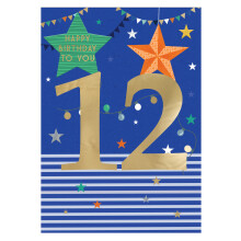 KCSNELML019: Eco-Friendly 12th Birthday Card for Boys – Gold Foil 12 on Blue Star Background (13x18cm) with White Envelope