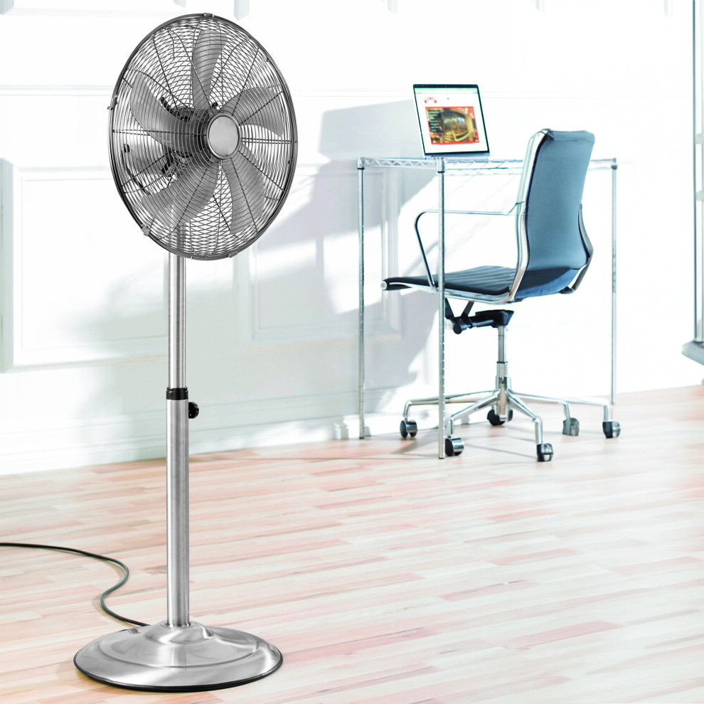 Daewoo 50W 16 inch Floor Standing Electric Fan Quiet Oscillating Metal Blades Stand Up Pedestal Chrome Finish 3 Speed