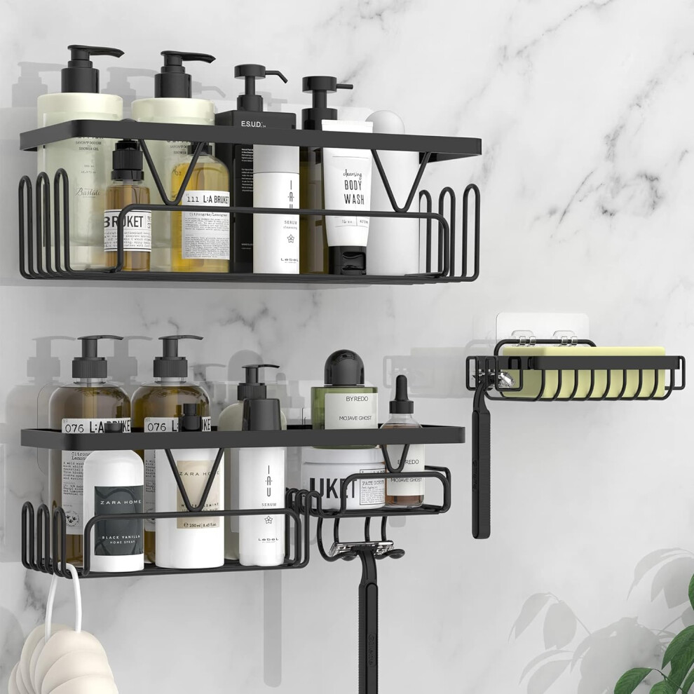 Kegii Shower Caddy Bathroom Shelf Organiser No Drilling  Storage Rack with Soap Razor Holder Bathroom Accessories, Black, 3 Pack
