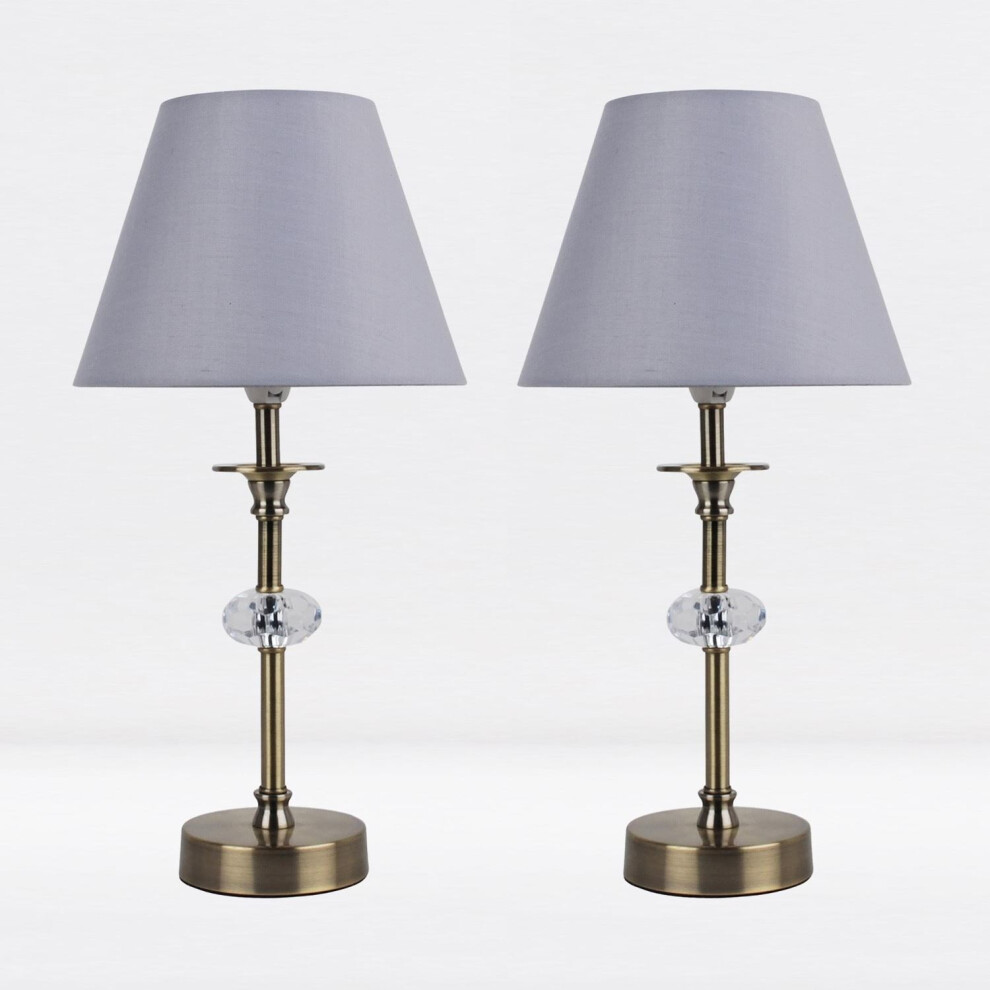 Set of 2 Antique Brass Plated Stacked Bedside Table Light with Faceted Acrylic Detailing and Grey Fabric Shade