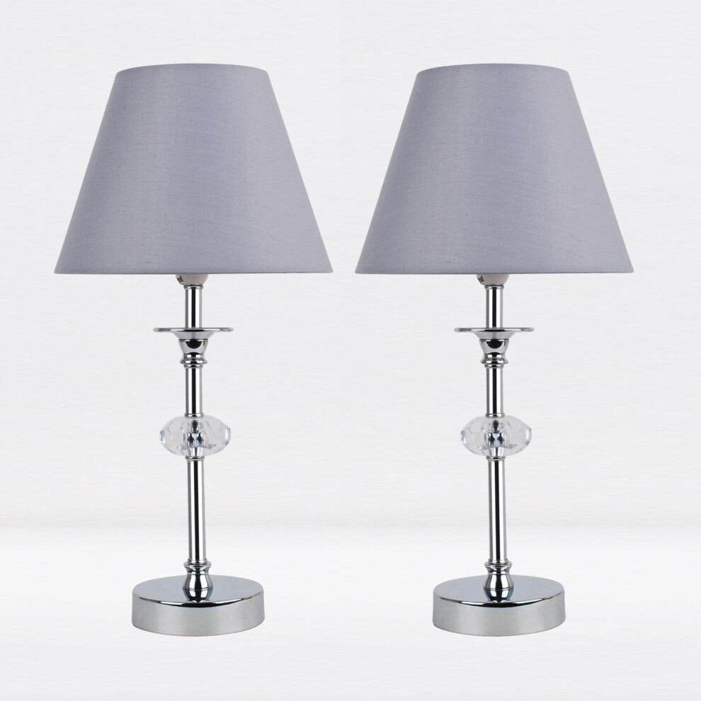 Set of 2 Chrome Plated Stacked Bedside Table Light Faceted Acrylic Detail Grey Fabric Shade