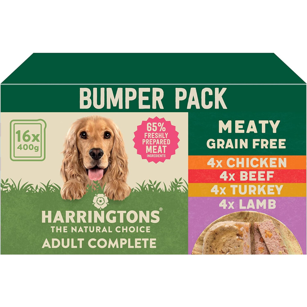 Harringtons Grain Free Hypoallergenic Wet Dog Food Meaty Pack 16x400g - Chicken, Lamb, Beef & Turkey - All Natural Ingredients (Packing may vary)