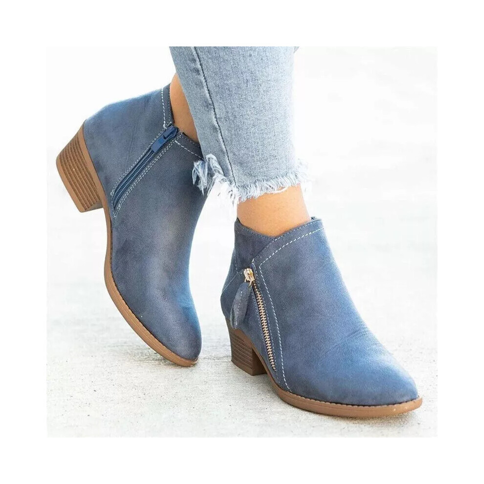 (Blue, UK 6 / EU 39 / US 8) Ankle Chelsea Boots Shoes Ladies Faux Suede Casual Zip Comfy Womens Shoes Sizes