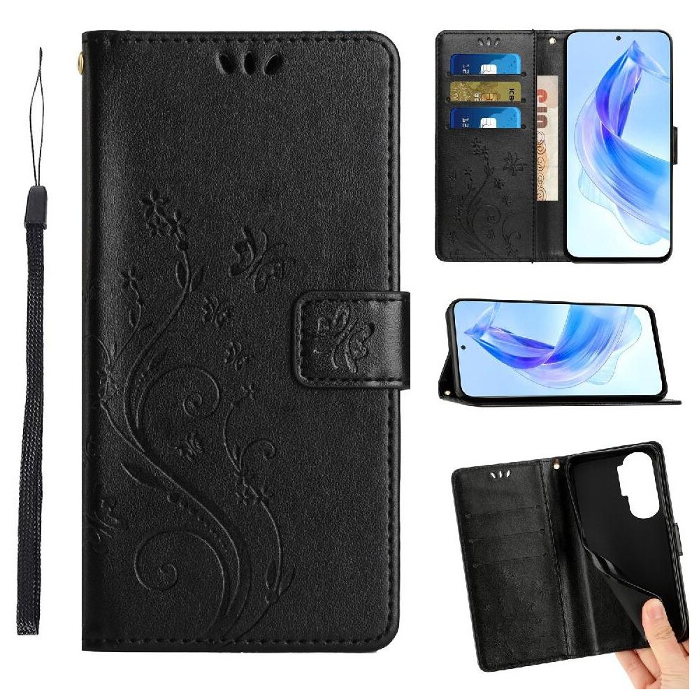 (Black) Filp Case For Honor 90 Lite Pu Leather Magnetic Closure Card Holder Kickstand Wrist Strap