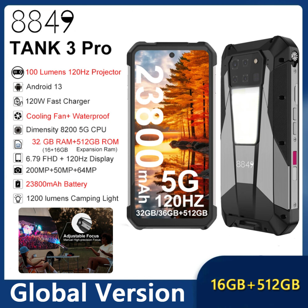 Unihertz 8849 Tank 3 Pro 5G Rugged Phone 16GB+512GB 23800mAh W/Projector NFC Google Play