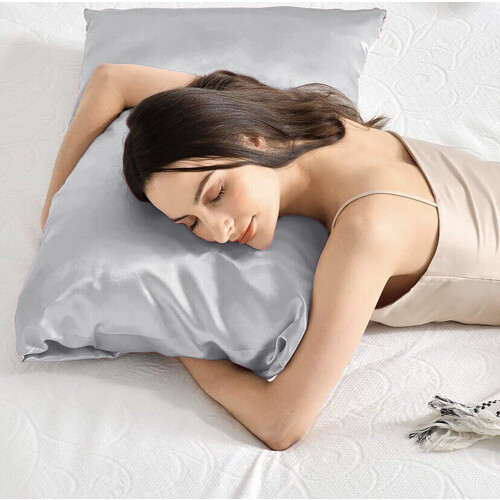 (Silk Pillowcase Pair, Grey) Pack of 2 Pillowcases Plain,Stripe,Silk Pillowcase 2