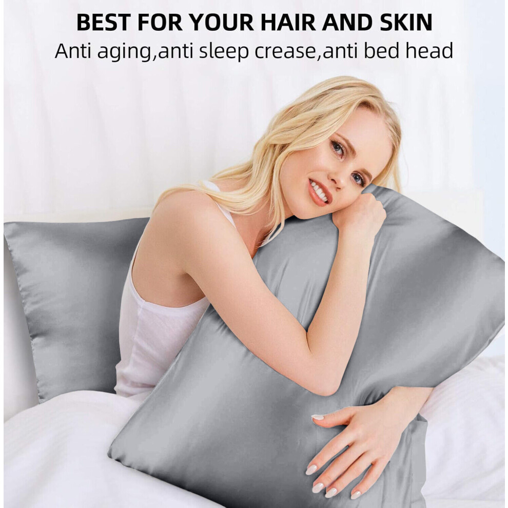 (Silk Pillowcase Pair, Grey) Pack of 2 Pillowcases Plain,Stripe,Silk Pillowcase