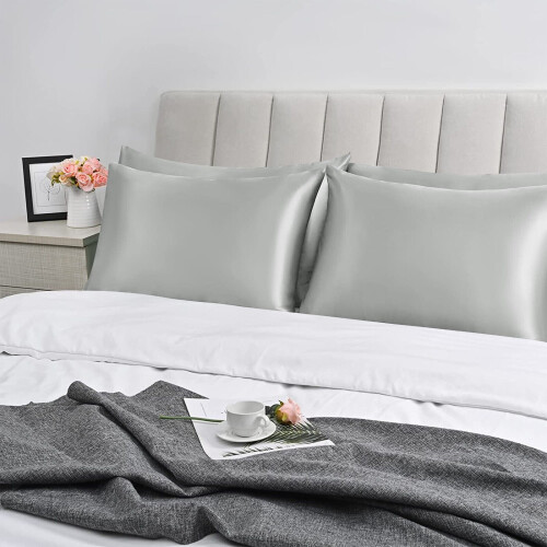 (Silk Pillowcase Pair, Silver) Pack of 2 Pillowcases Plain,Stripe,Silk Pillowcase 2