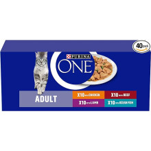 PURINA ONE Mini Fillets in Gravy Wet Cat Food - Mix, supports natural defences with vitamin E, urinary health, fish, no artificial colours or flavours
