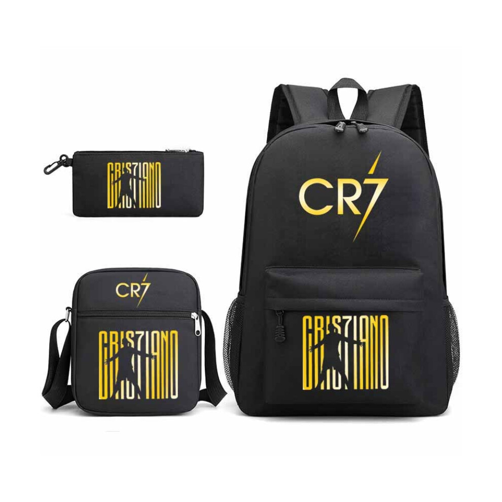 (Black and Yellow) 3 PCS CR7 17.7-inch School Bag Backpack Set for Teenager Boys - Secondary School Backpack + Shoulder Bag + Pencil Bag