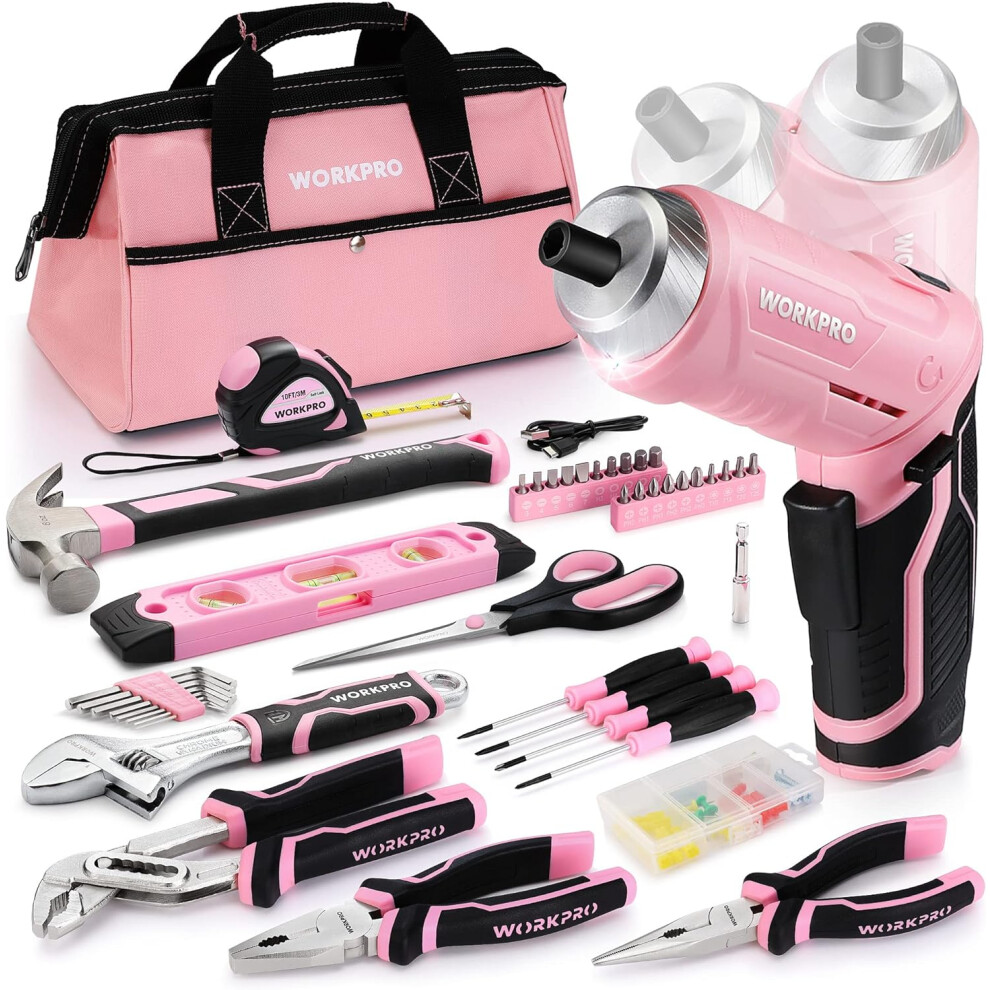 74-Piece Tool Set with Cordless 3.7V Screwdriver, Pink Tool Kit with Carrying Bag, Tool Kit for Home, Durable, Long Lasting Tool Kit, Perfect