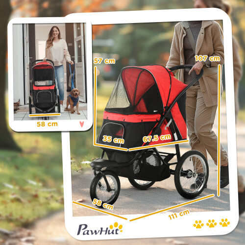 PawHut PawHut Three-Wheel Pet Stroller, for Medium, Small Dogs, Foldable Cat Pram - Red 1
