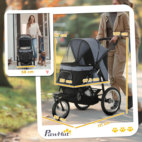 PawHut PawHut 3 Wheel Pet Stroller, for Medium Small Dogs, Foldable Cat Pram - Grey 1