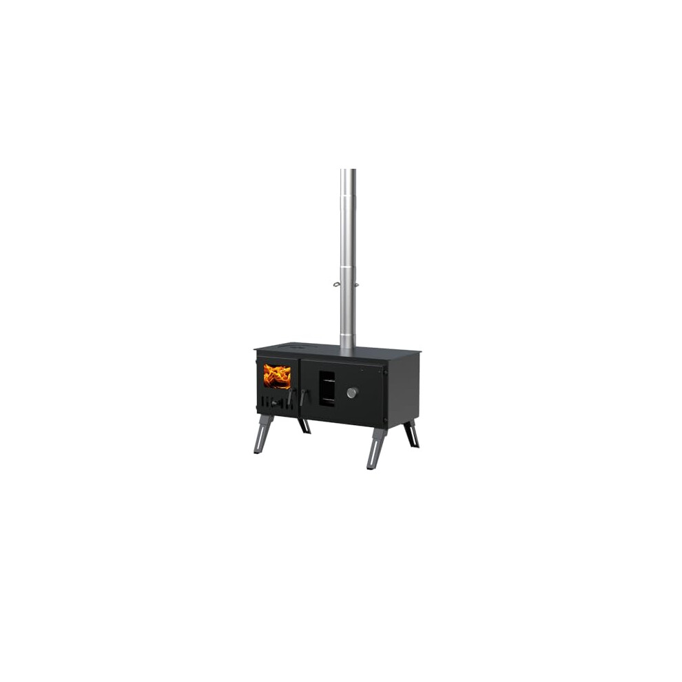DWD®"Galloway" Camping Stove Outdoor Portable Wood Log Burner Double Oven Stove/Cooking Hob with Flue, Spark Cap,Oversized Glass Windows on Fire Box