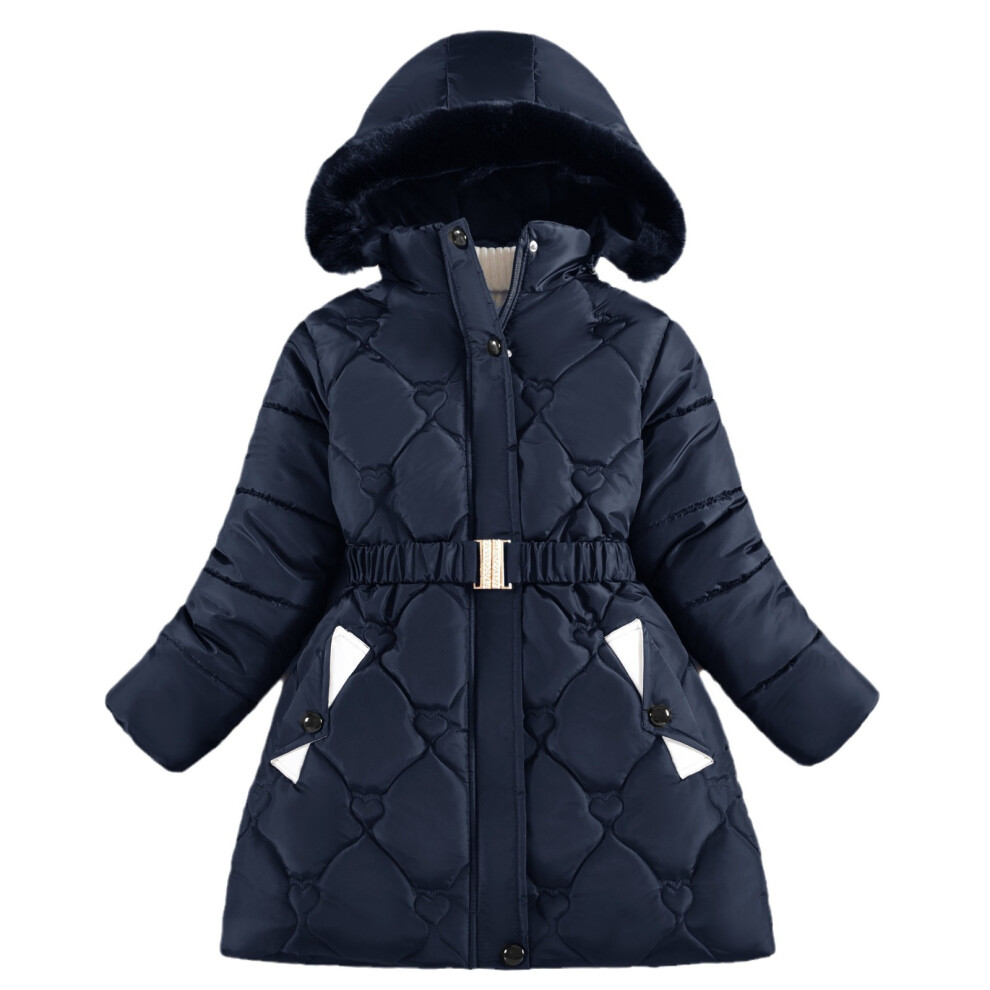 (Navy Blue, 5-6Years) Kids Girls Fur Winter Jackets Hooded Coat Warm NEW