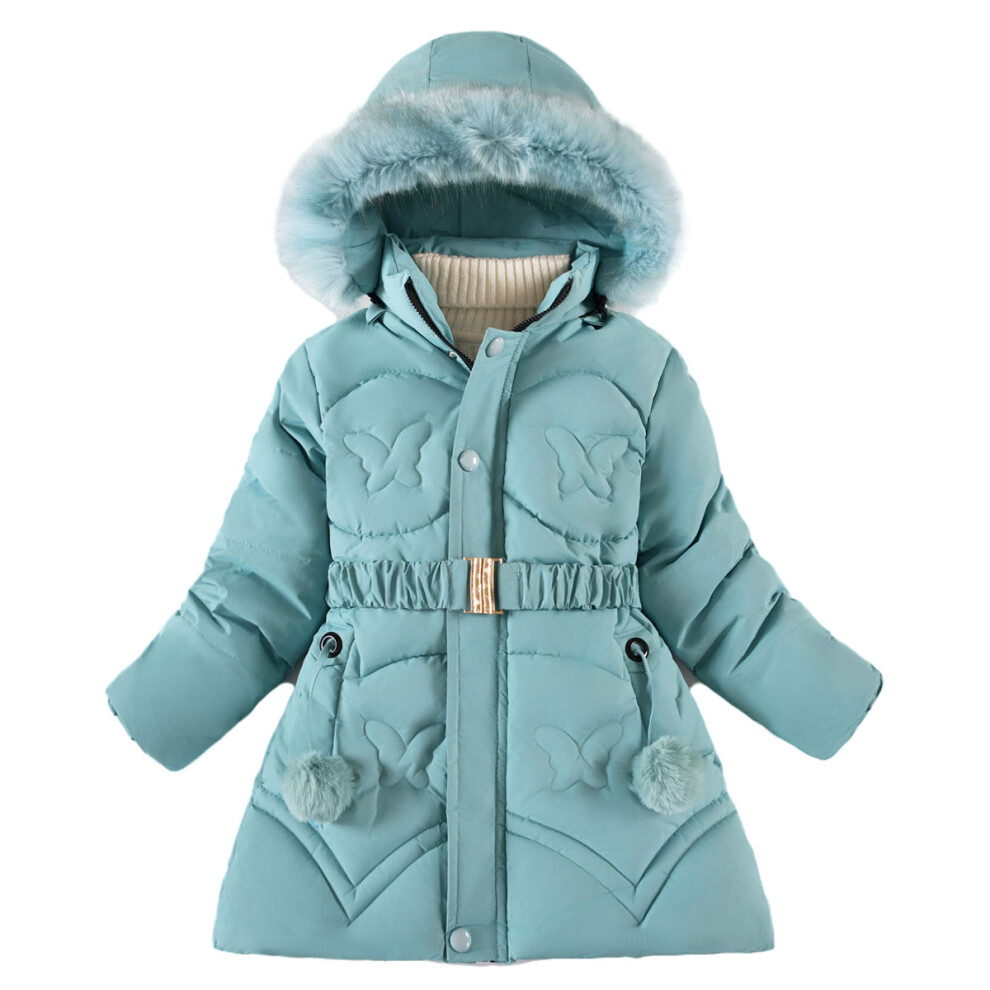 (Sky Blue, 6-7Years) Kids Girl Winter Jacket Hooded Coat Warm butterfly
