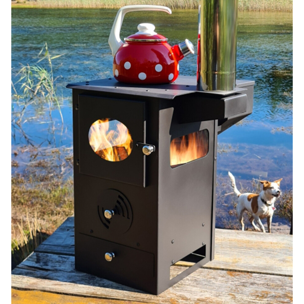 DWD® "Daintree" Wood Pellet Stove, 21kw Heat Output, 3 Sided Glass, Air Control, Holds 5.5kg Fuel, 100mm Stainless Steel Flue, Portable Cooking Top