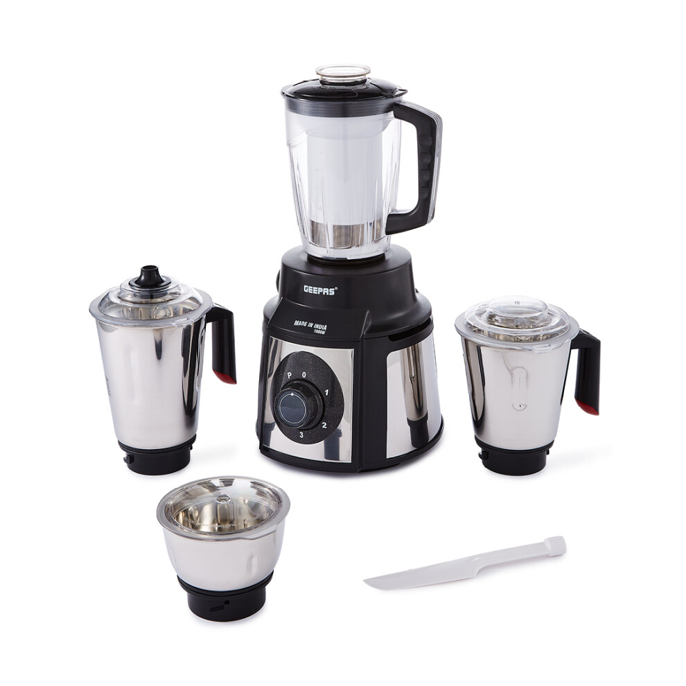 GEEPAS 5-in-1 Mixer Grinder | 3 Stainless Steel Jars + 1.5L Juice Jar | Food Blender for Dry Wet Grinding Indian Masala Chutney Dosa Grinding