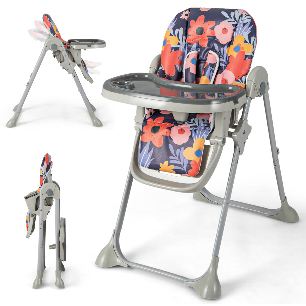 Baby High Chair Folding Dining Chair W/ Adjustable Tray & Wheels Colourful